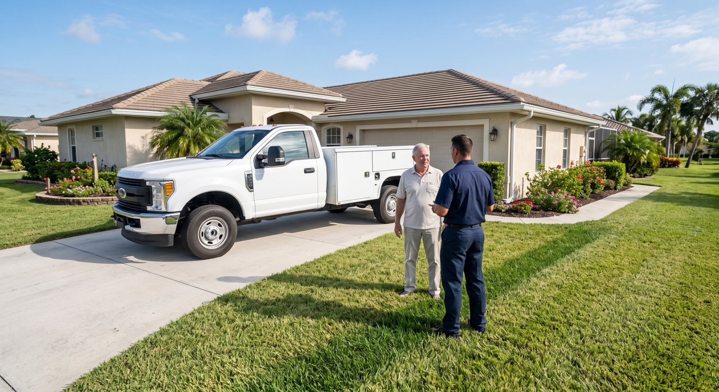 Technician and homeowner talking beside a white utility truck in front of a Florida home