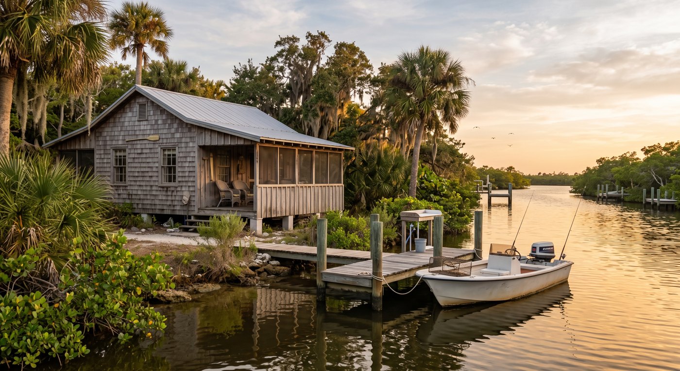 Weathered old-Florida fishing cottage on a canal with a wooden dock and small boat at sunset
