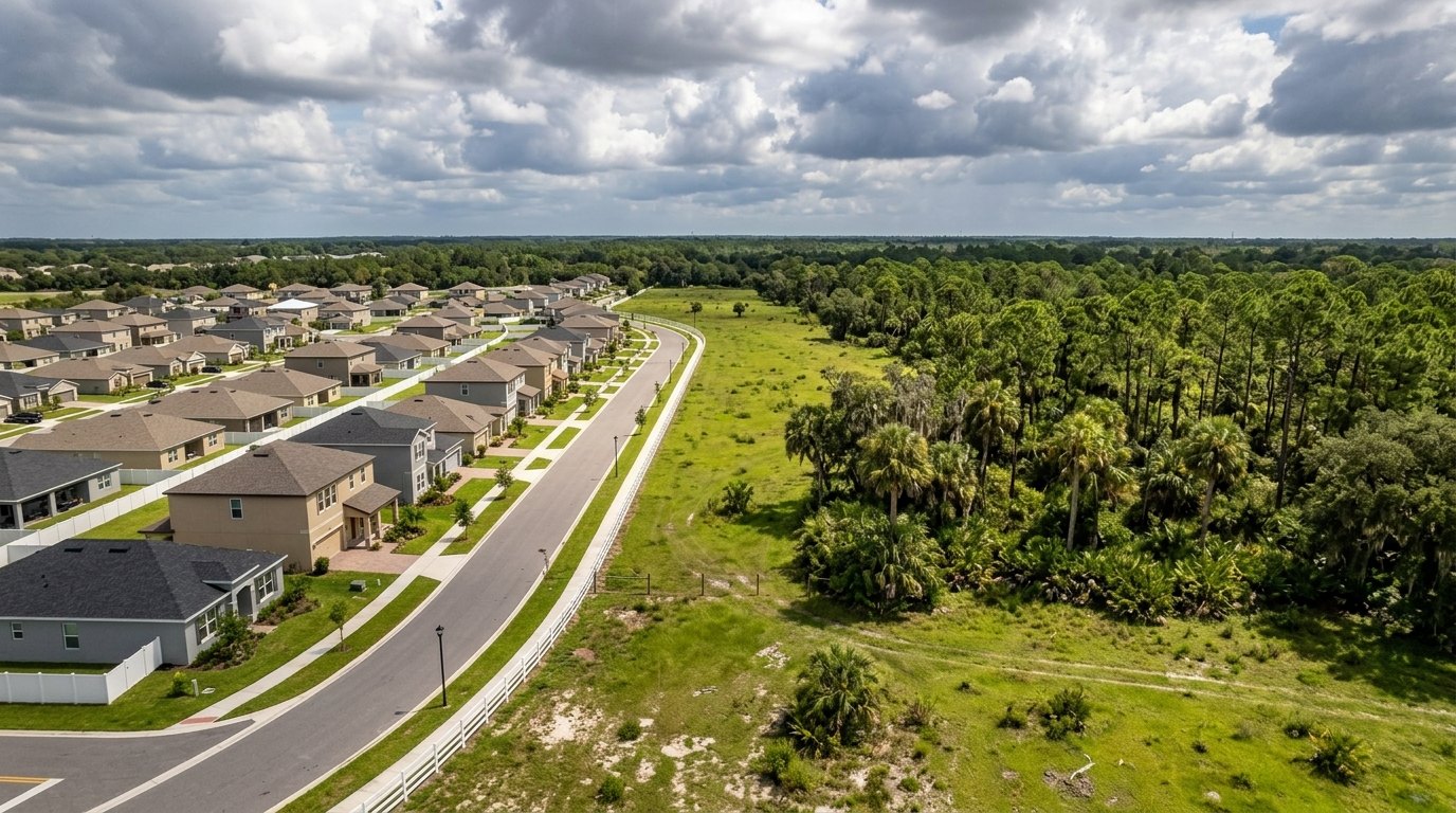 Aerial view of a Florida suburban neighborhood edge meeting open pasture and pine flatwoods