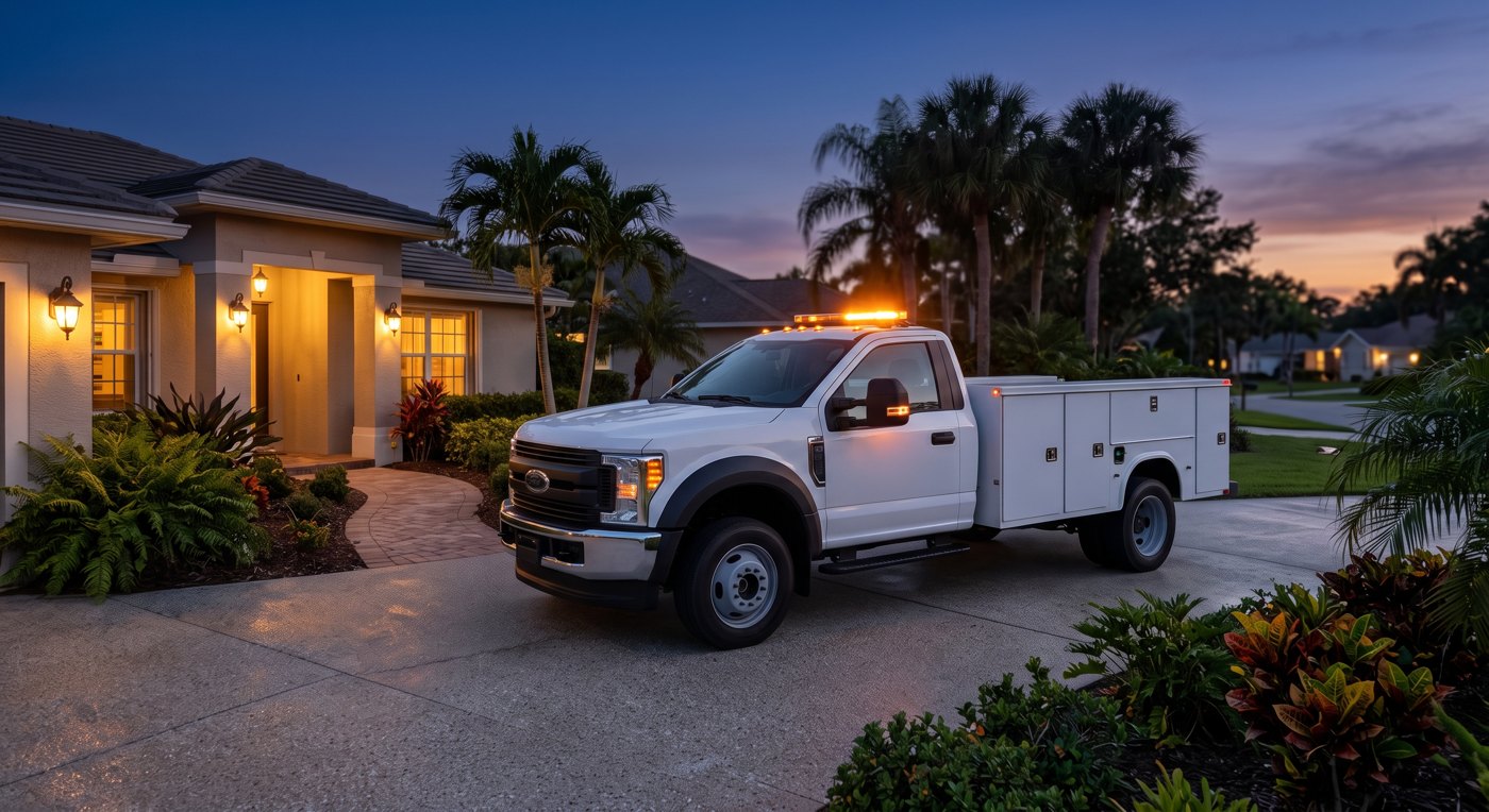 White service truck with amber warning beacon lit in a residential Florida driveway at dusk