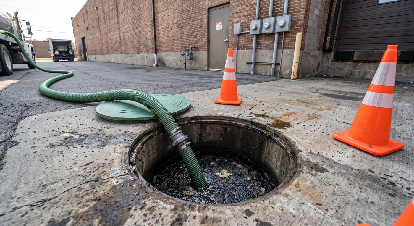 Vacuum hose running into an open in-ground grease interceptor behind a commercial building with safety cones
