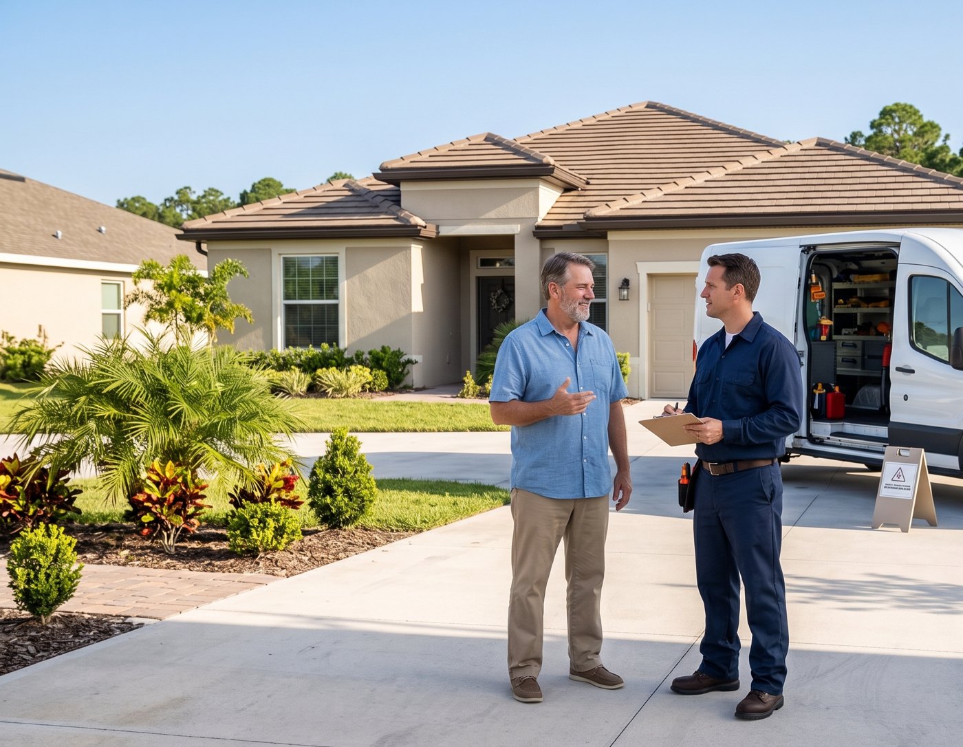 Technician talking with a homeowner in a Florida driveway during a septic service visit