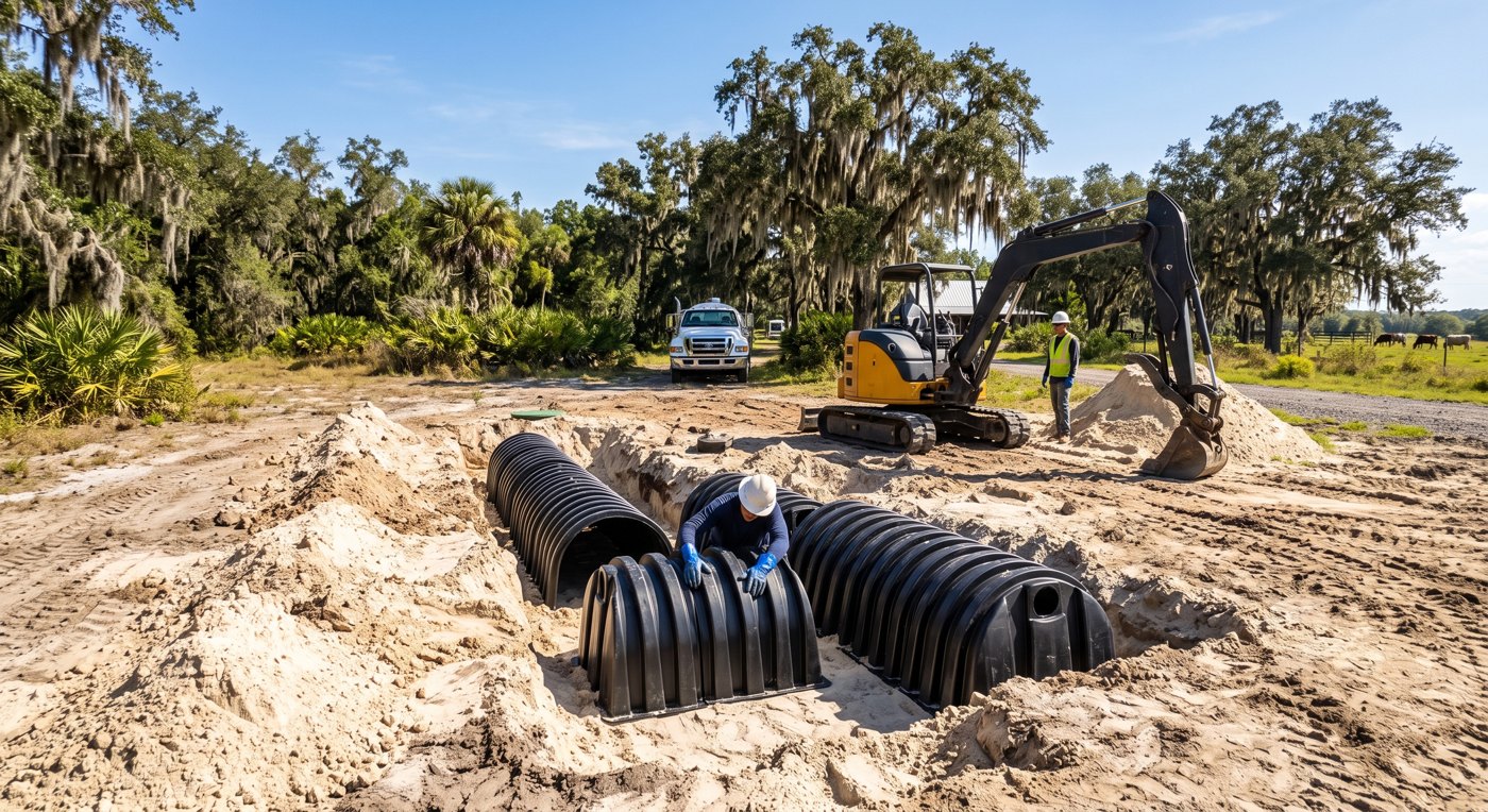 Plastic drain field chambers being set in sandy Florida soil with a mini excavator on site