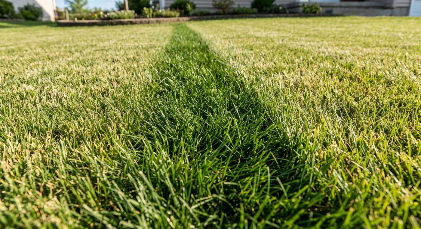Close-up of a lawn with one visibly darker, lusher stripe of grass running through it