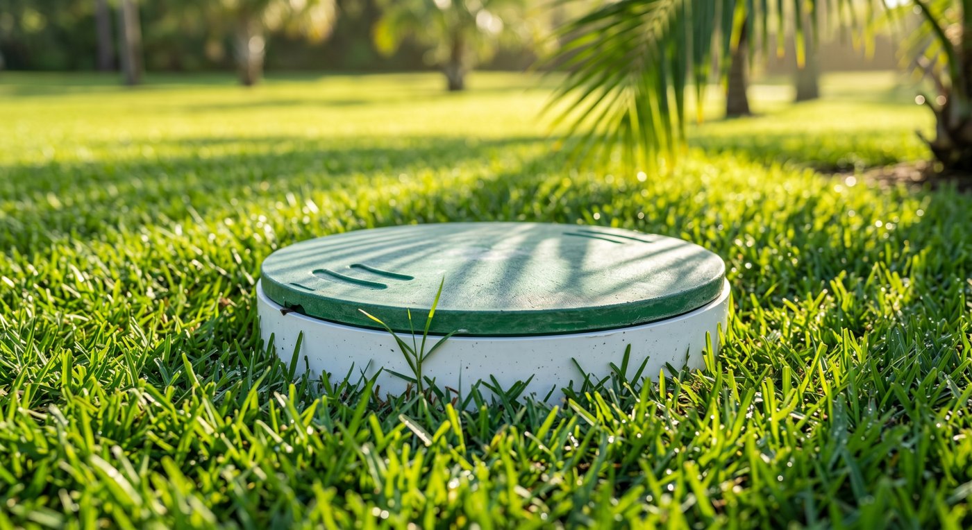 White septic riser with a green lid set flush in a manicured Florida lawn