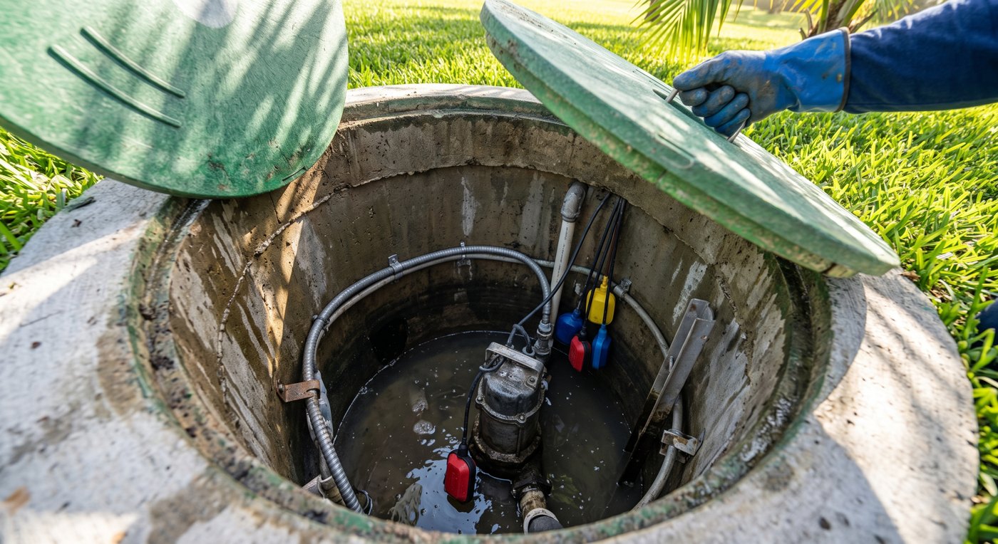 View down into an open concrete lift station wet well showing a submersible pump and float switches