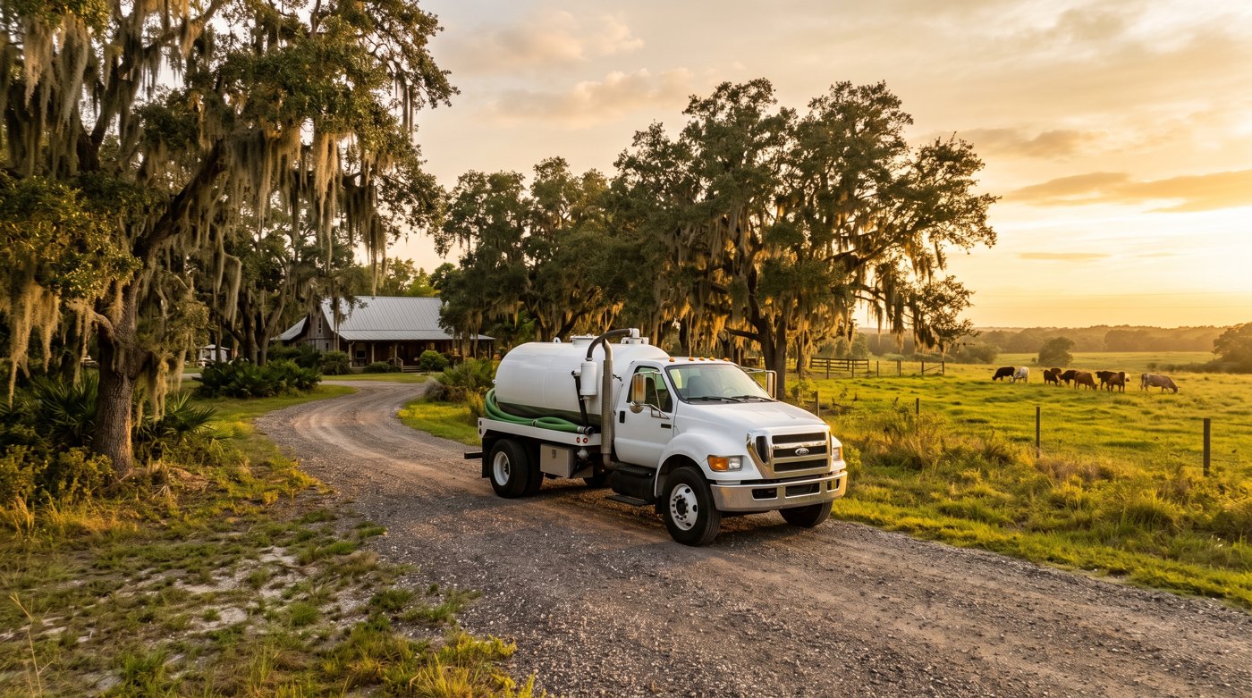 Septic pumper truck on a gravel ranch road at golden hour in rural eastern Manatee County with cattle grazing nearby