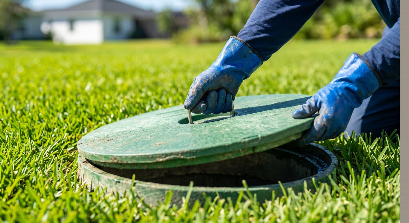 Gloved hands lifting a green septic tank lid set flush in a bright Florida lawn