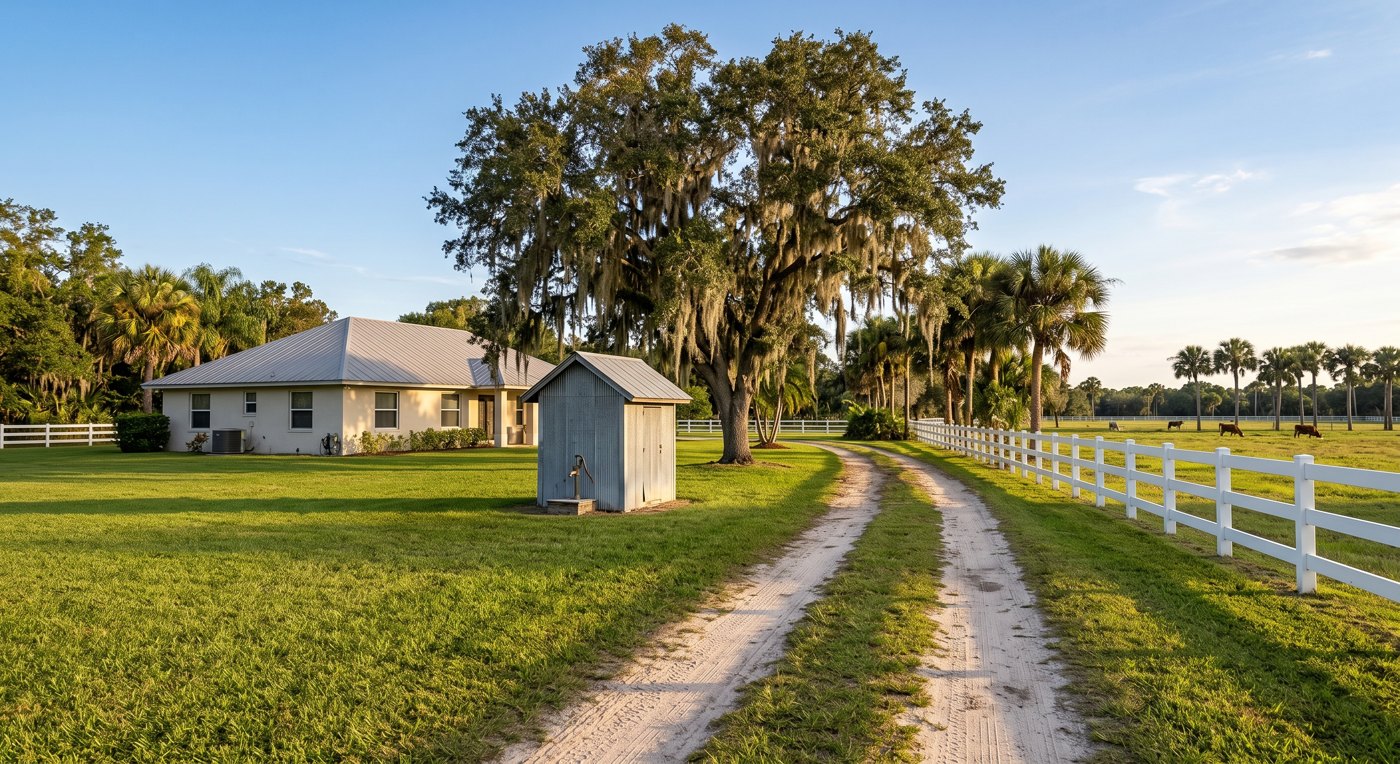 Florida acreage homestead with a metal well house, live oak and white board fence along a sandy driveway