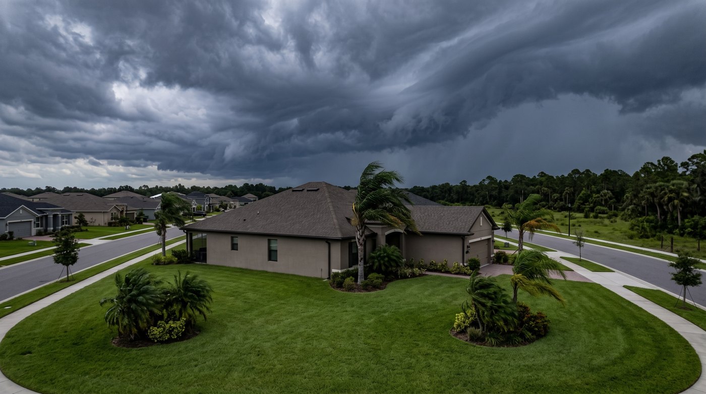 Dark storm clouds over a single-story Florida home with wind-bent palms and an intact lawn