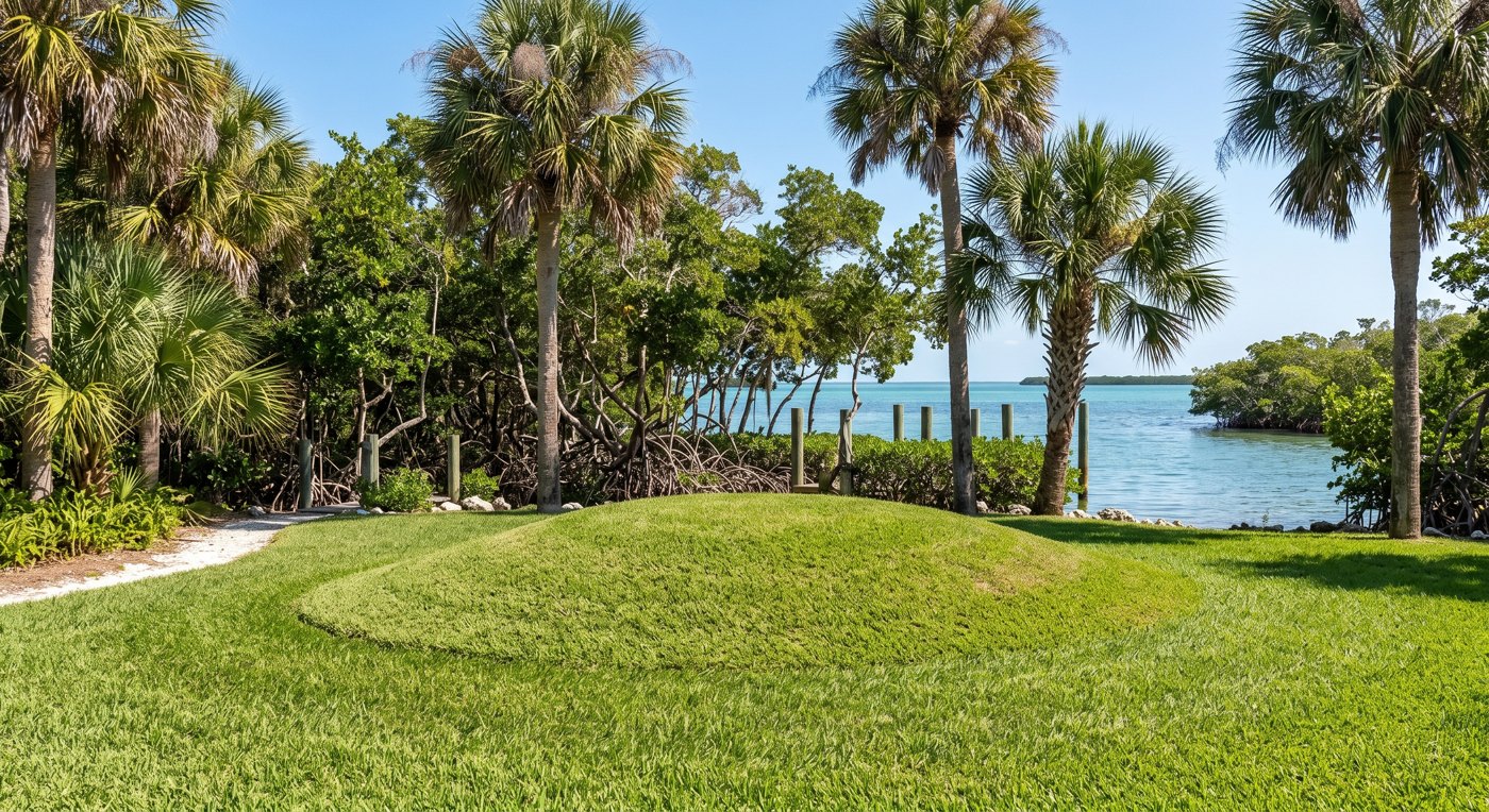 Gently raised grassy mound in an island yard with palms, mangroves and bay water behind