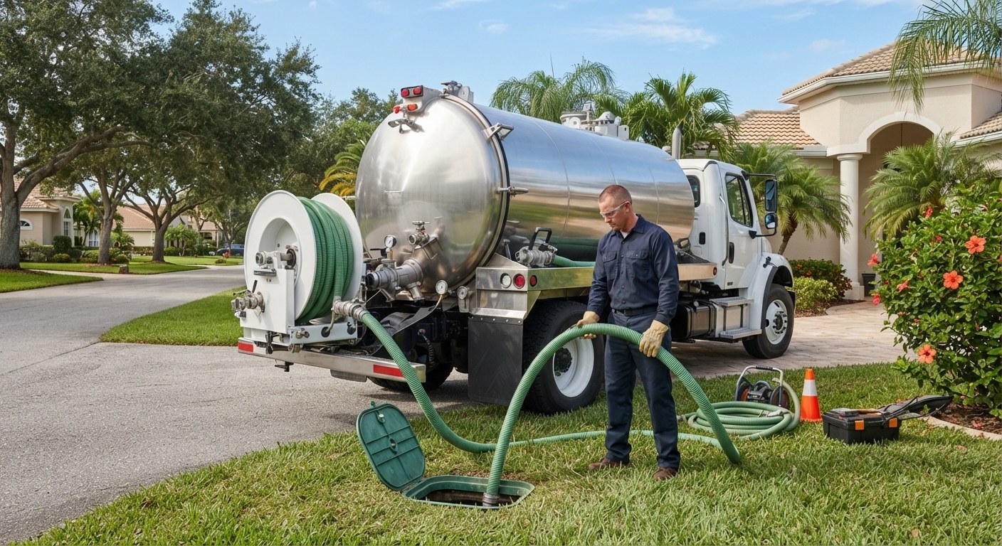 Septic vacuum truck staged in a Bradenton residential driveway with hose reels ready